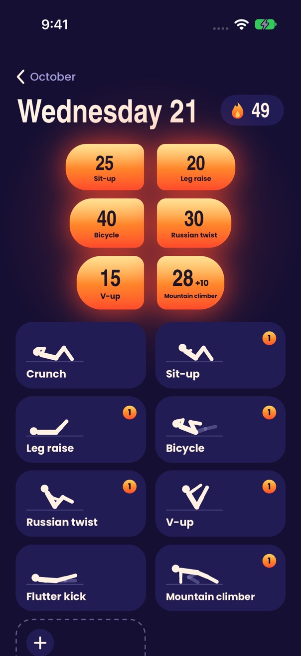 Six showing six logged sets in a glowing six-pack, with exercise tiles below.