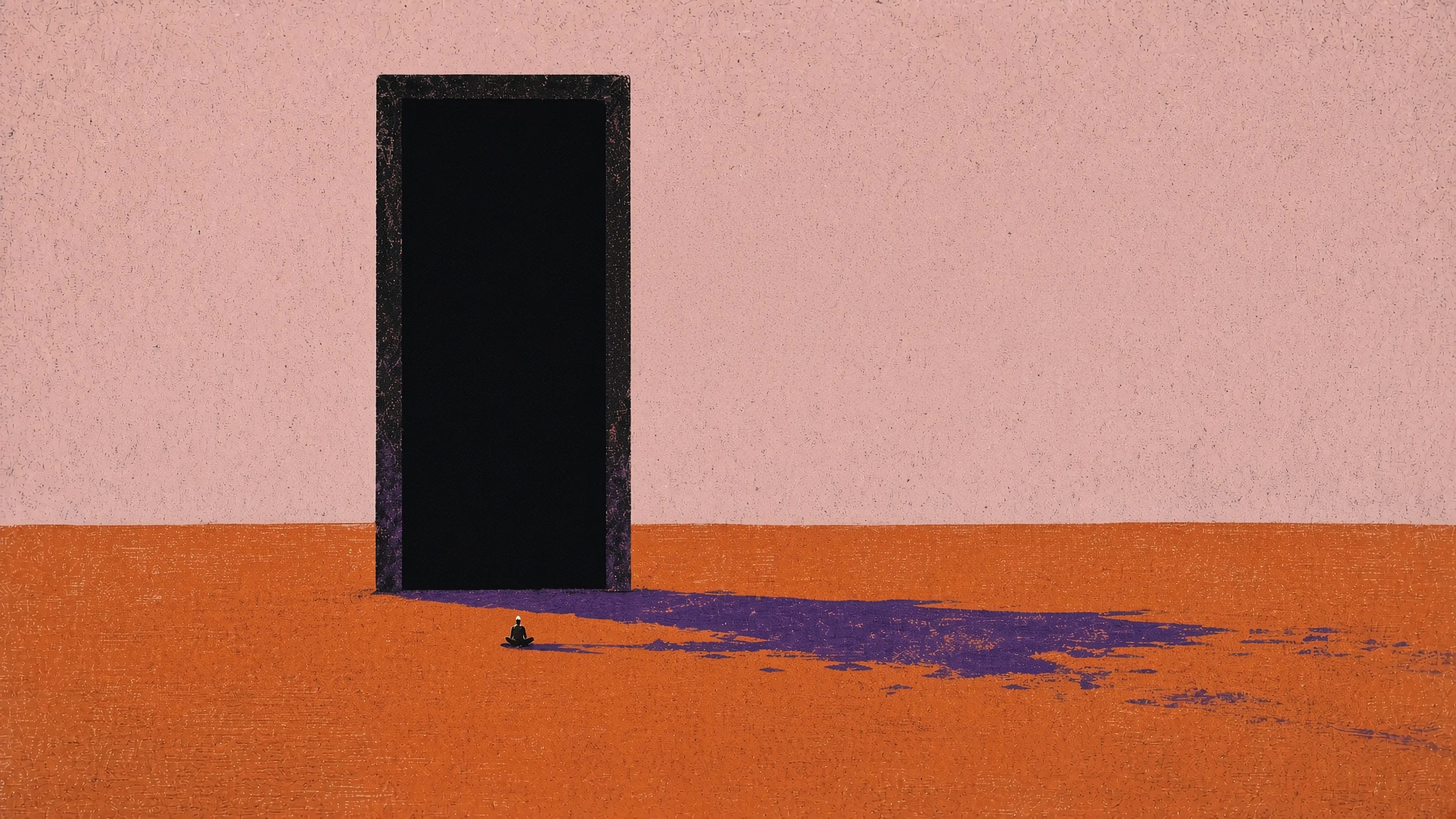 A monumental dark doorway casting a long violet shadow across an orange landscape